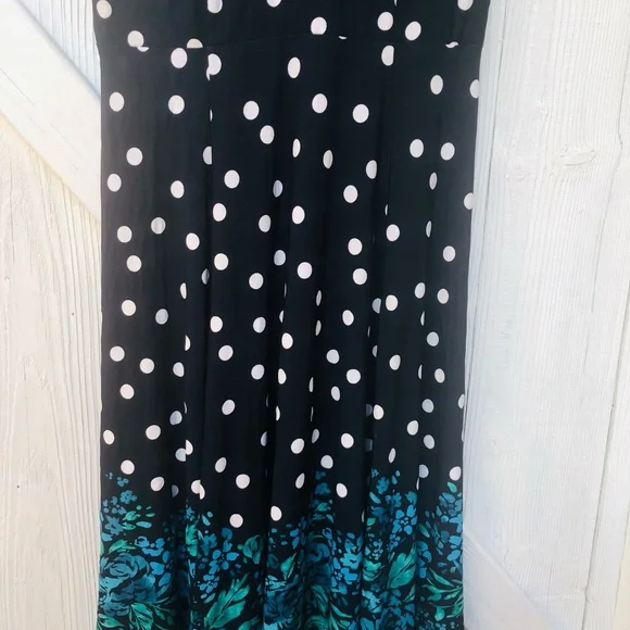 Jessica Howard Black and White Polka Dot Dress with Green Floral Hem Size 14W - Picture 7 of 8